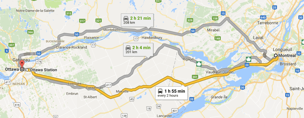 Map of Montreal to Ottawa on Google Maps